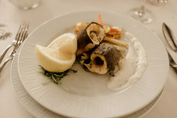 Fresh tasty fish on table. Healthy delicious dish.