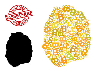 Scratched Basseterre stamp seal, and financial collage map of Nevis Island. Red round seal includes Basseterre caption inside circle. Map of Nevis Island collage is composed with financial, dollar,