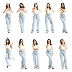 Set of pretty casual woman doing various love and romance gestures kisses and caring emotions. Full body length isolated on white background