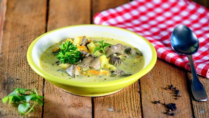 Green soup with carrot, liver meat, parsley and ginger in white and green plate on wooden background.