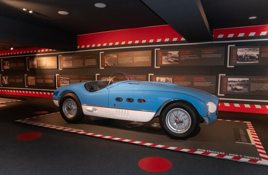 interior of the Enzo Ferrari Museum with detail of the GTO 112 model - Italy
