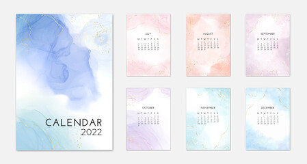 Pastel abstract watercolor 2022 calendar template design, vector illustration with liquid marble alcohol ink effect, gold stains and lines. Week starts from monday, from July to December, part 2 - obrazy, fototapety, plakaty
