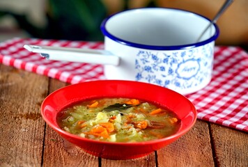 Green soup with carrot, millet and cabbage on a red plate on wooden background.