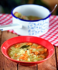 Green soup with carrot, millet and cabbage on a red plate on wooden background.