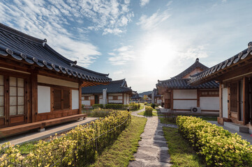 Architecture traditional oriental wooden house with blue sky on sunny day at Ojuk Hanok Village