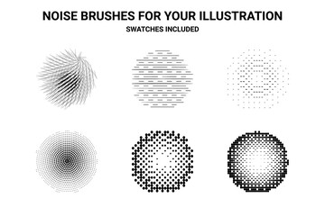Noise brushes set for illustration. Grunge, dirty effect creation. Swatches included.