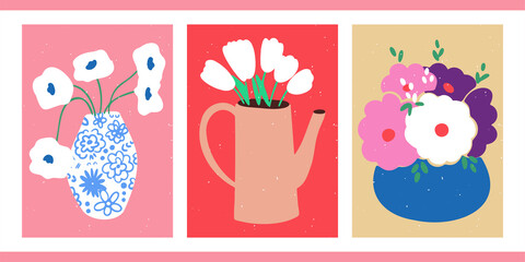 A set of three abstract minimalistic aesthetic floral illustrations. Colorful silhouettes of plants on a light background. Modern vector pop art posters for social networks, web design, interiors.  - obrazy, fototapety, plakaty