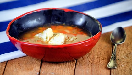 Red, fish soup with chilli papper, carrot, fish parsley and pore in a red and black bowl on wooden background.