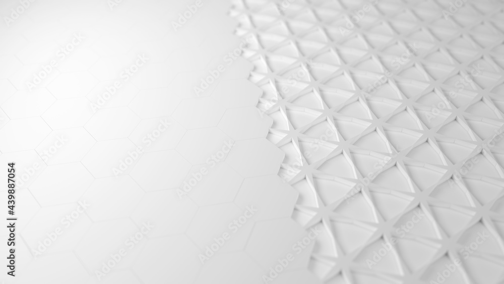 Poster abstract surface with white hexagon and star pattern with shallow depth of field. 3d render illustra