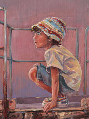 oil painted illustration of a young boy in a hat waits on a rusty pier
