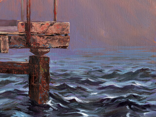 oil painted illustration of an old rusty pier, rough sea