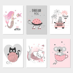 Fototapeta na wymiar Cute characters for baby room. Posters with cat, teddy zebra, koala and mermaid. Set of prints for kids.