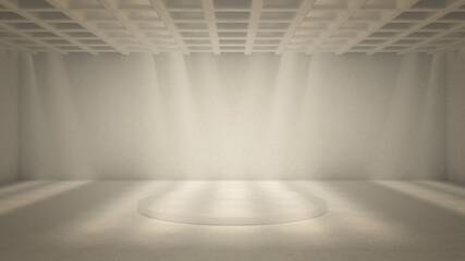 Light shine through round holes on ceiling casting shadows. Beige concrete interior 3d render illustration