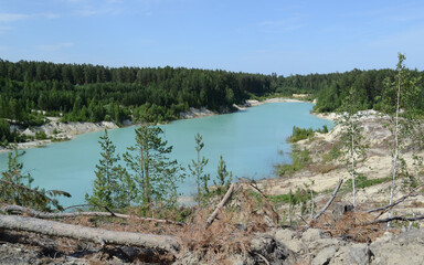 An artificial kaolin quarry near the town of Kyshtym, Chelyabinsk region. Natural sights of the Urals. Sand quarries.