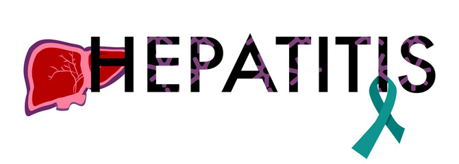 World hepatitis day.Cirrhosis concept. Medical horizontal banner with lettering.Organ care. Vaccinate, treat, test. Awareness ribbon. Vector illustration in flat style with liver for website,poster