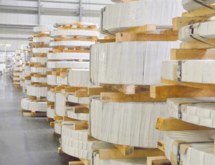 Rolled steel sheet in coil, slitting coil, plate storage in factory warehouse