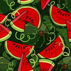 Seamless pattern of ripe watermelon whole and slices with leaves. Hand-drawn graphics. Cute hand drawn fruits for printing.