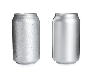 Aluminium cans of beverage on white background