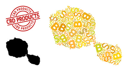 Scratched Cbd Products stamp seal, and finance collage map of Tahiti Island. Red round stamp seal includes Cbd Products tag inside circle. Map of Tahiti Island collage is made of finance, dollar,