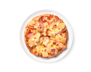 Flat lay of Pineapple Hawaiian Pizza isolated on white background.