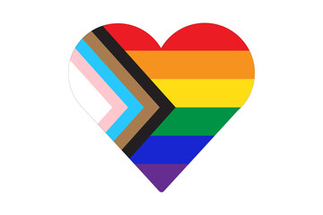 Heart shape icon of New pride flag LGBTQ . Redesign including Black, Brown, and trans pride stripes. Flat vector illustration - obrazy, fototapety, plakaty