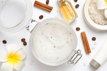 Composition with body scrub on white background, top view