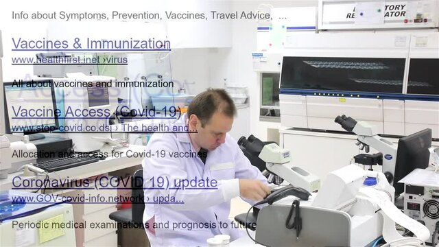 The links of imaginary no-existing websites with the rushing doctor in lab working with many devices in round.