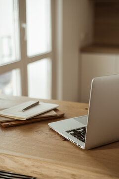 Working at home concept. Aesthetic minimalist workspace background. 