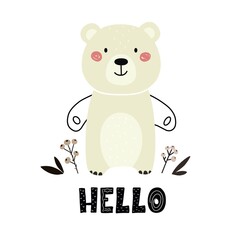 Vector children's hand-drawn illustration of a cute bear. Cute baby animals in Scandinavian style with the words Hello. Print for children's clothing, poster, decor.