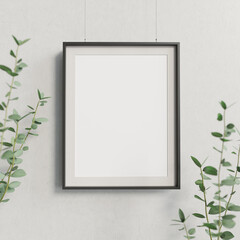 Blank mockup poster hanging against concrete wall decorated by plant branches. 3D render. 3D image.