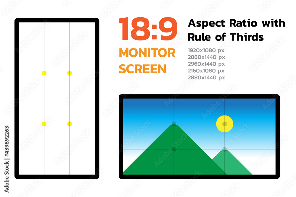 Fototapete 18 by 9 monitor screen aspect ratio with rule of thirds. most famous dimension of devices display. d