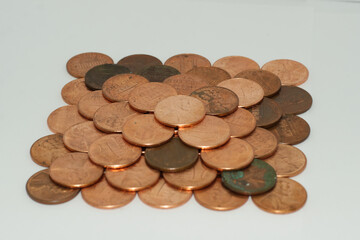Angled view of a pyramid of pennies