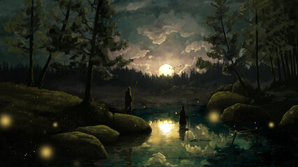 Two men cross the river at night, in which the full moon is reflected, around pines, spruces and stones, 2D illustration © Iobard