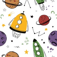 Seamless pattern with space rockets and planets, stars. Vector seamless pattern for wallpaper, paper, clothes. Children's illustration.