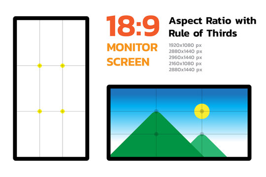 18 by 9 Monitor Screen Aspect Ratio with Rule of Thirds. Most famous dimension of devices display. Demo landscape image and pixel size. Layers Vector illustration.