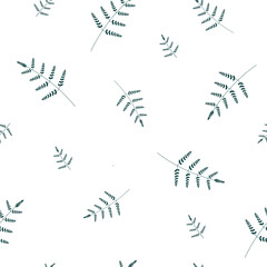 Seamless minimalistic abstract natural pattern. Branches with fern leaves, plants on a white background. Vector graphics.