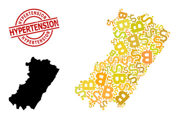 Grunge Hypertension stamp seal, and finance collage map of Castellon Province. Red round stamp contains Hypertension caption inside circle. Map of Castellon Province collage is created of investment,