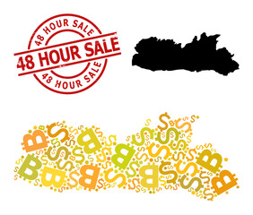 Scratched 48 Hour Sale stamp seal, and finance collage map of Meghalaya State. Red round seal has 48 Hour Sale title inside circle. Map of Meghalaya State collage is constructed of finance, dollar,