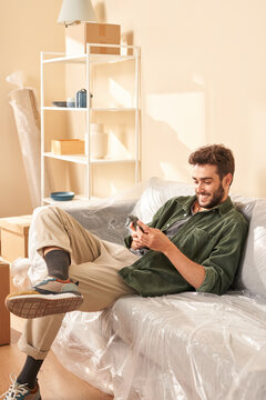 Optimistic Homeowner Browsing Mobile Phone On Sofa