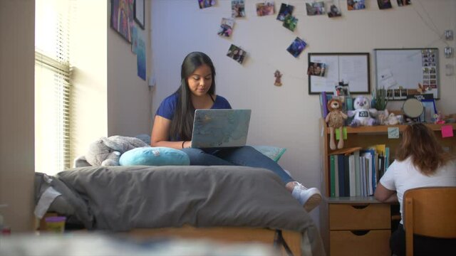 Two female college students studying in their dorm room