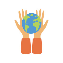 Hands protect the world, Hand holding globe earth. Environmental protection, ecology, Saving the planet together concept. Hand drawn Vector illustration in flat style isolated on white background.