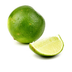 Ripe slice of green lime citrus fruit stand isolated on white background,element of food healthy nutrients and fruit healthy concept	