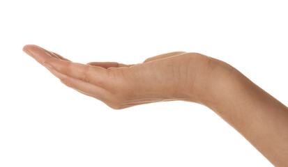 Woman holding something on white background, closeup