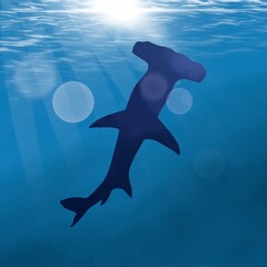 Watercolor hammerhead shark hand drawn illustration, on ocean background - obrazy, fototapety, plakaty