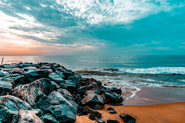 Exclusive Colourful Sunrise Behind the Clouds at Kovalam Beach, Chennai ECR Road, Tamilnadu. Very calm waves sound and relax mindset - Wonderful landscape Images