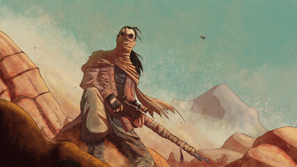 Masked post apocalyptic sniper with a rifle sits on a rock in the mountains in the middle of the desert, 2D illustration.