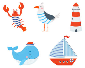 Set of cute nautical elements.Vector hand drawn illustration cartoon style
