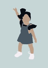 Illustration of a child girl in a dress with a bow on her head on a blue background