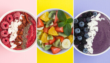 Collage of healthy food. Smoothie bowls with fruit and fruit salad on the colored background. Top...