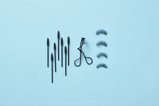 Eyelash curler, false eyelashes and brushes